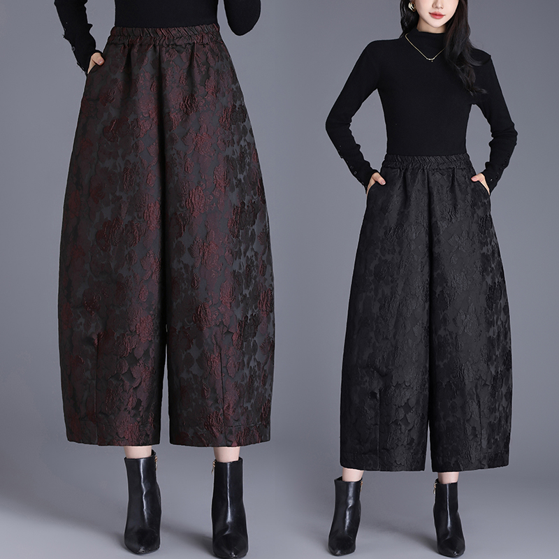 贵夫人浮雕提花阔腿裤靴裤女冬季加绒大码九分休闲裤优雅中国风