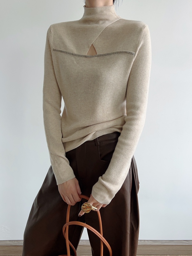 羊高领镂空烫钻修身薄款羊毛针织打底衫女女士女士半高领纯色秋冬