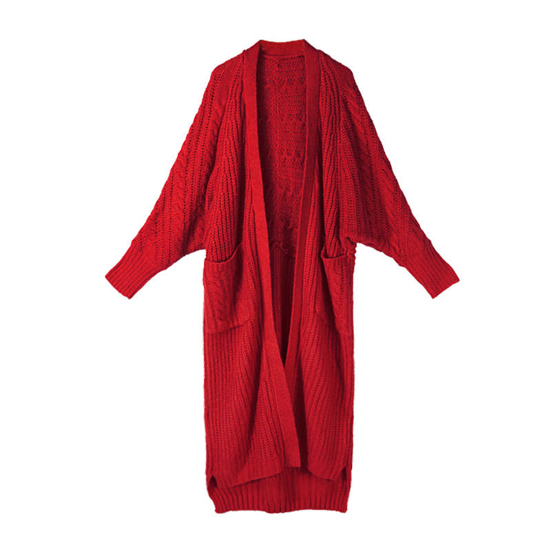杨丽萍衣橱-朱红净兮蝙蝠袖加厚红色中长款开衫
