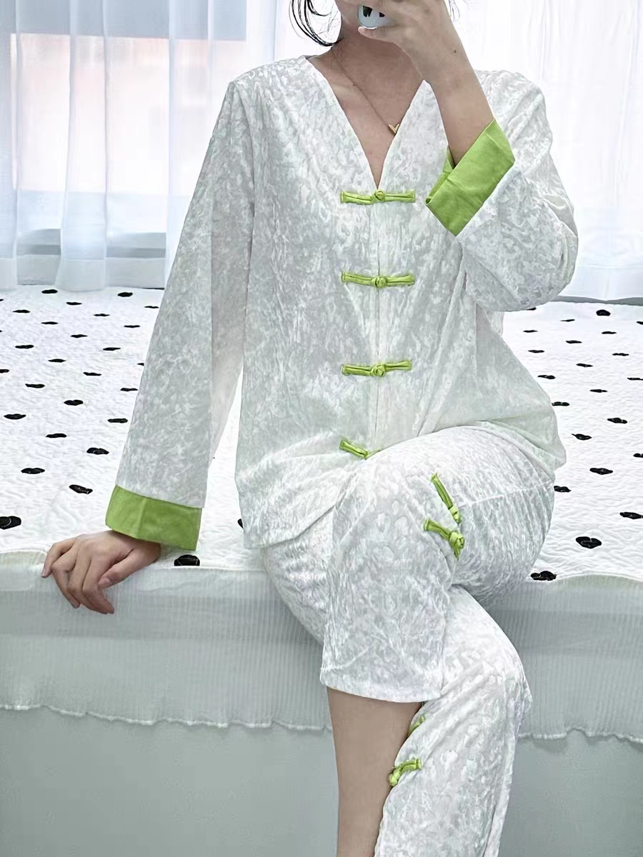 国风盘口拼色外穿丝绒家居服套装长袖春夏薄款