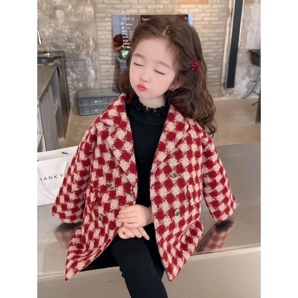 儿童韩版外套秋冬新款中小童洋气千鸟格子夹棉加厚呢子大衣女童