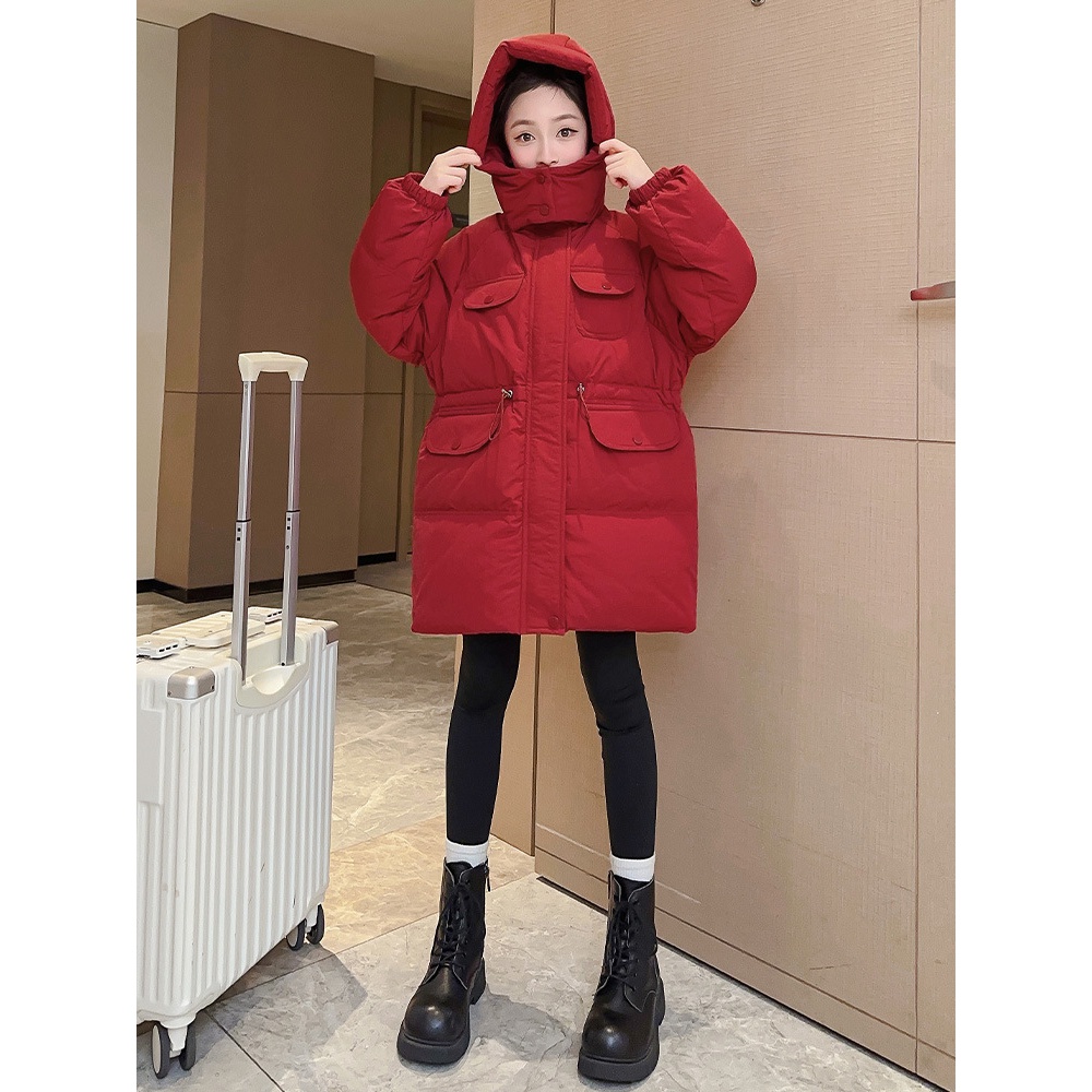 女童冬季加厚中长款棉服新款中大童时尚韩版收腰女孩棉衣外套休闲