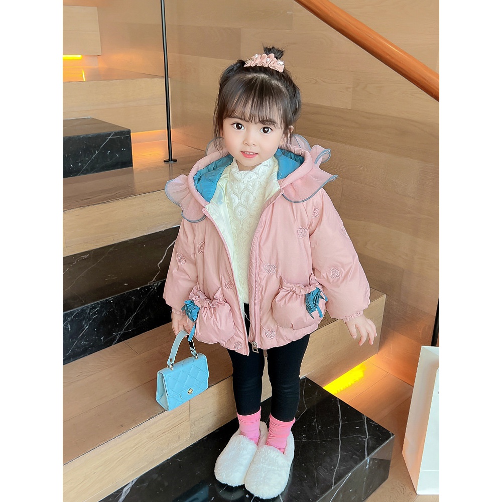 女宝宝冬季羽绒服冬装新款小女孩韩版休闲花边连帽外套可爱潮加厚