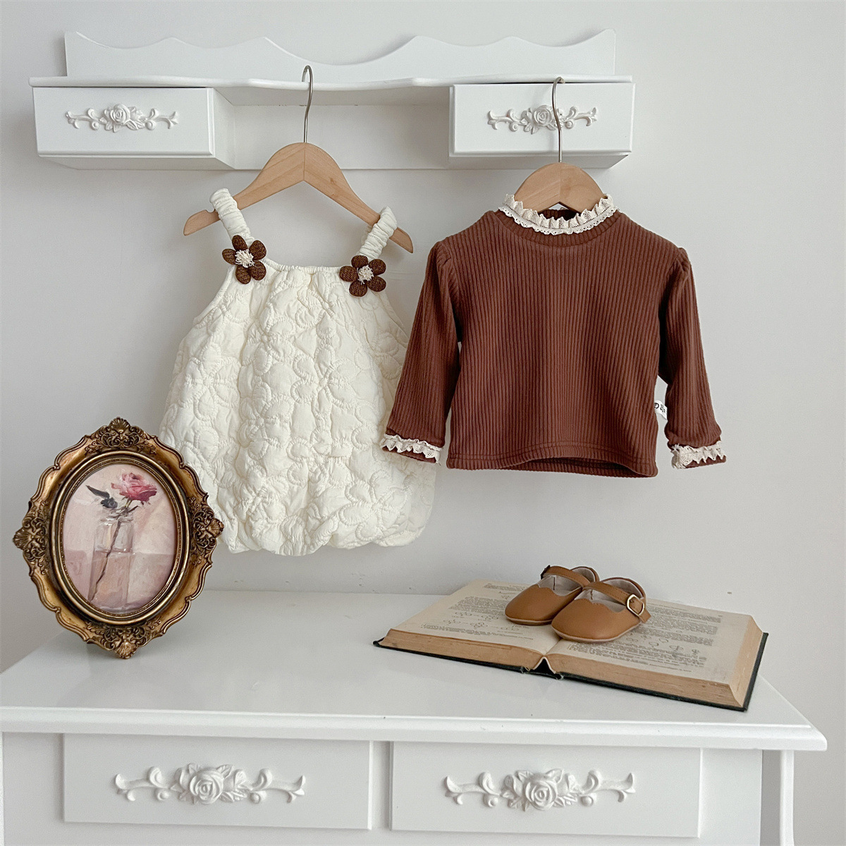 23年初冬新女宝宝0-3岁加棉加绒保暖花朵翅膀背带裙两件套