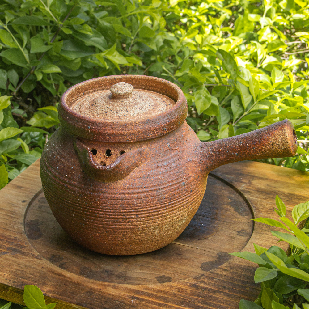 800-1000mL柴烧粗陶煮茶壶带盖侧把烤茶罐滤网可干烧大容量纯手工