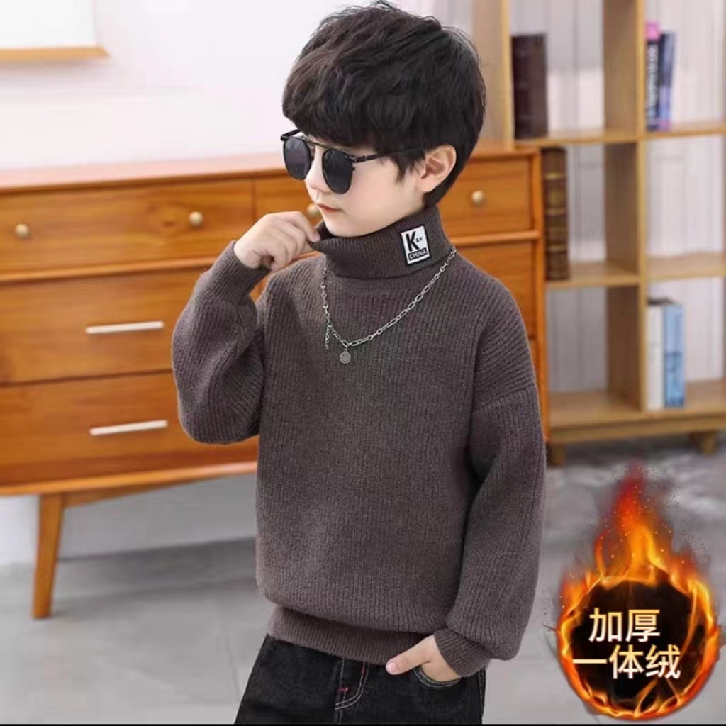 [加绒]儿童毛衣男童一体绒2025新款冬加厚保暖高领秋冬打底衫潮