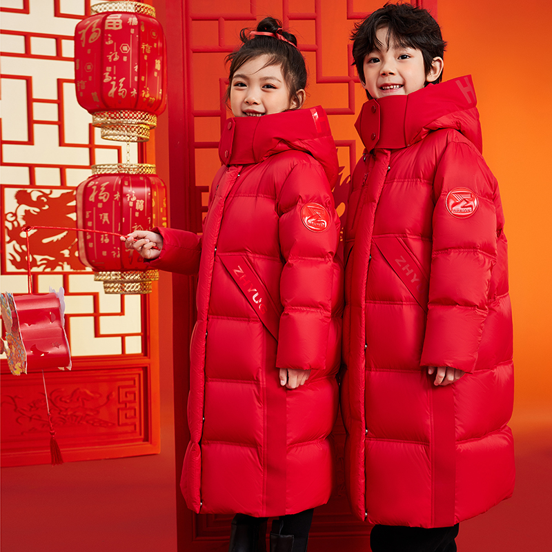 YAYA/鸭鸭2025年 新年拜年儿童羽绒服亲子中长款加厚保暖红色6081