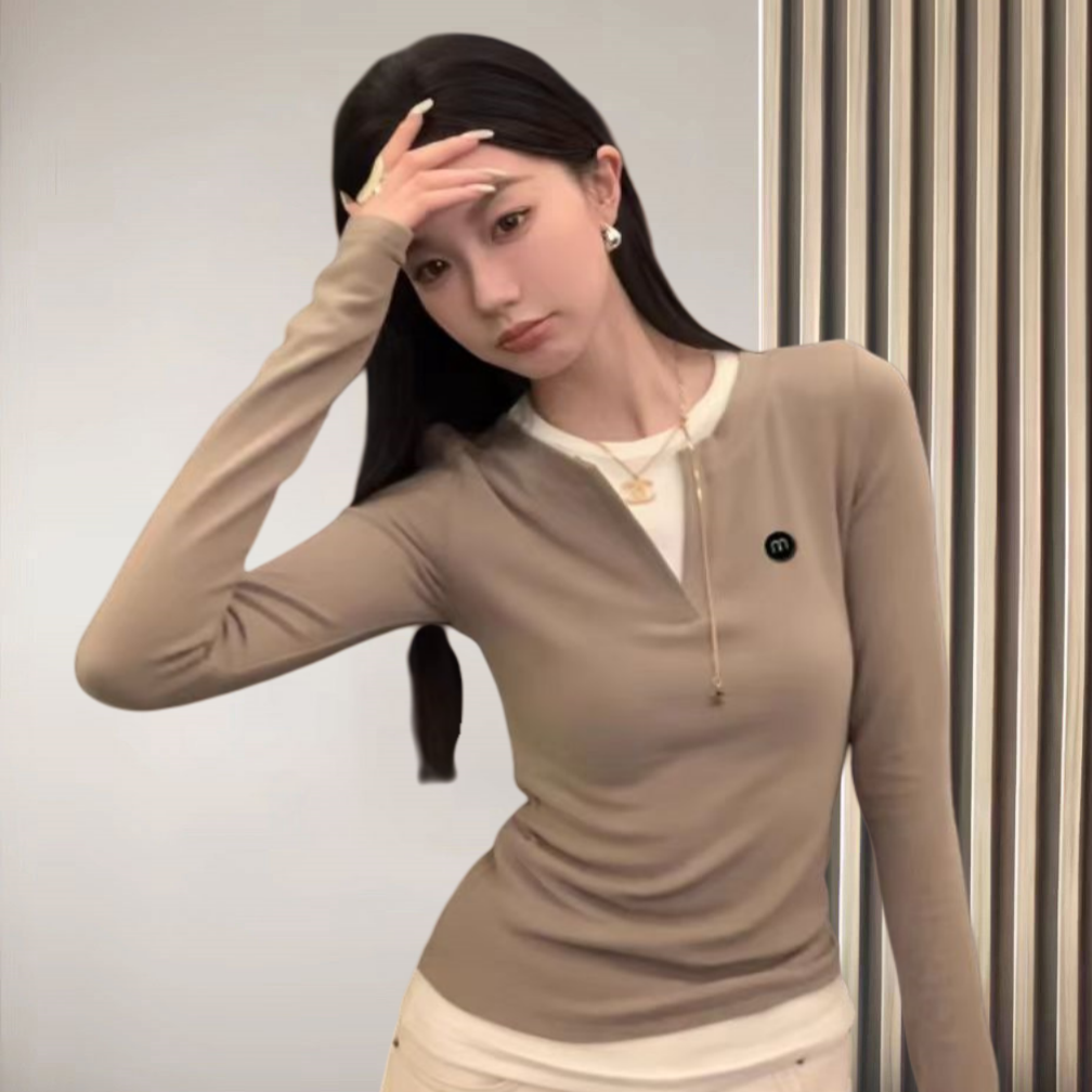 假两件双面德绒保暖上衣女2025秋冬新款修身显瘦内搭长袖打底衫