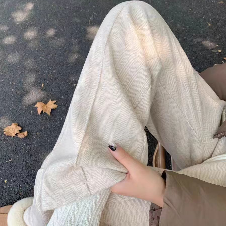 杏色毛呢直筒裤女秋冬高腰垂感窄版休闲人字纹加绒加厚阔腿裤长裤