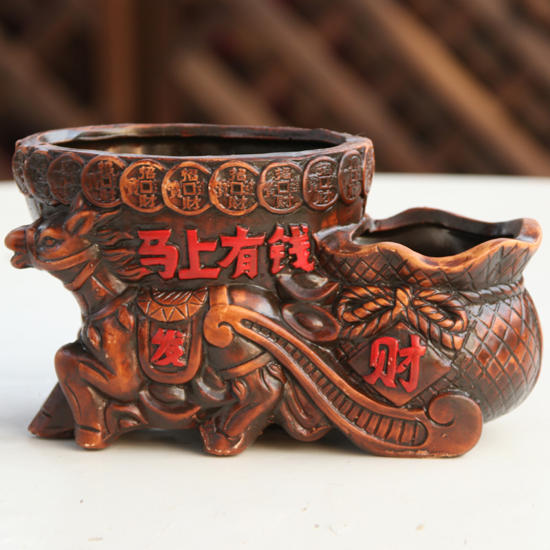 马上有钱双口连体复古异形红陶土培植物多肉花卉盆栽组合陶瓷花盆