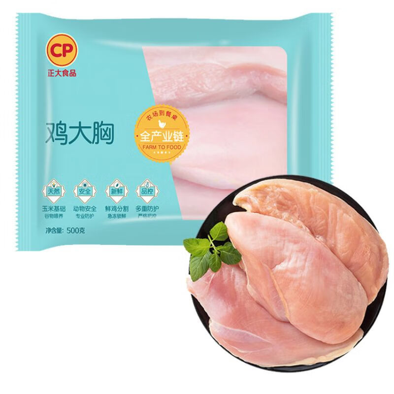正大 冷冻鸡大胸500g/袋 鸡胸肉急冻锁鲜  轻食健康餐 空气炸锅鸡胸肉同城