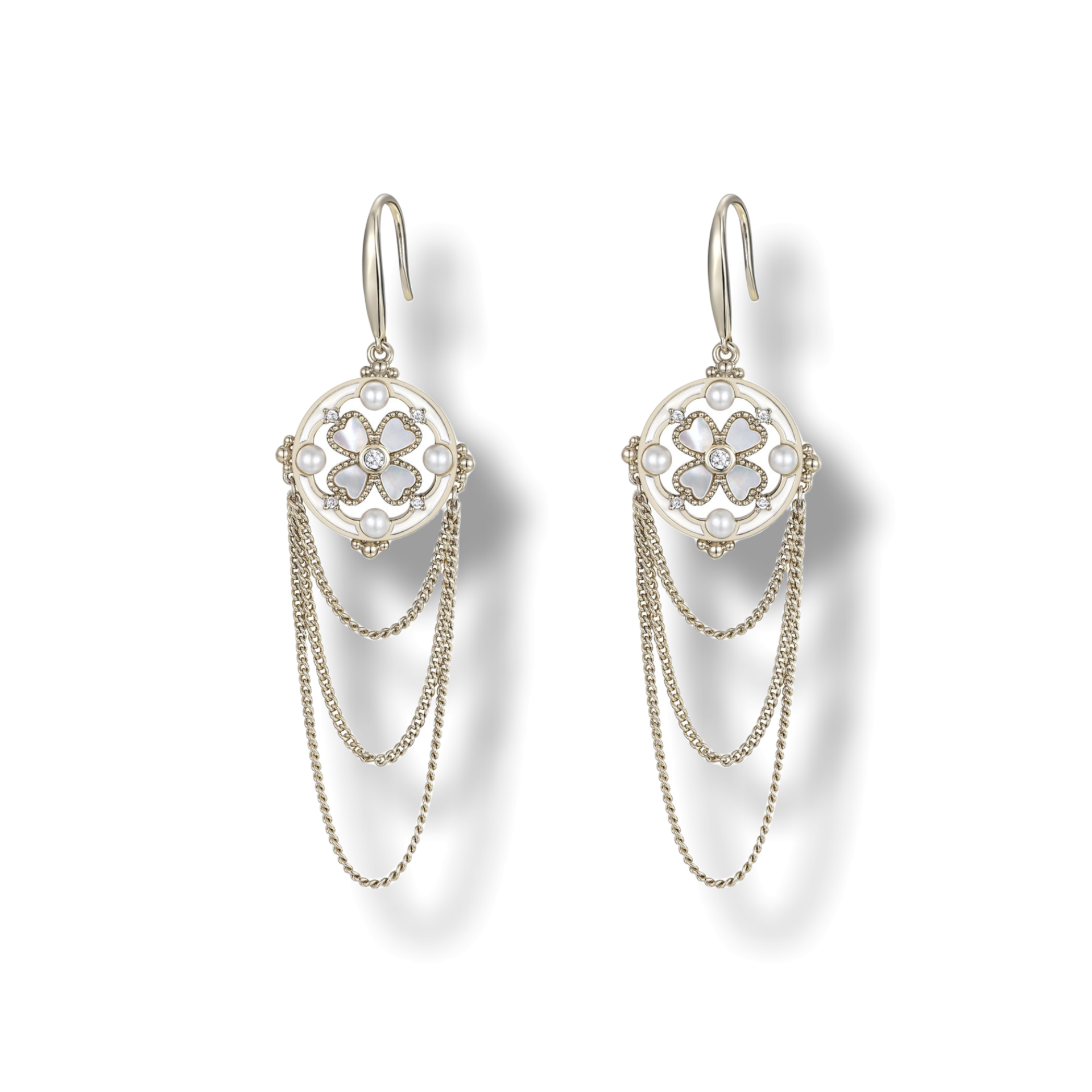 铜合金仿珍珠耳饰 贝母幸运四叶草-1207甜美风流苏气质耳环