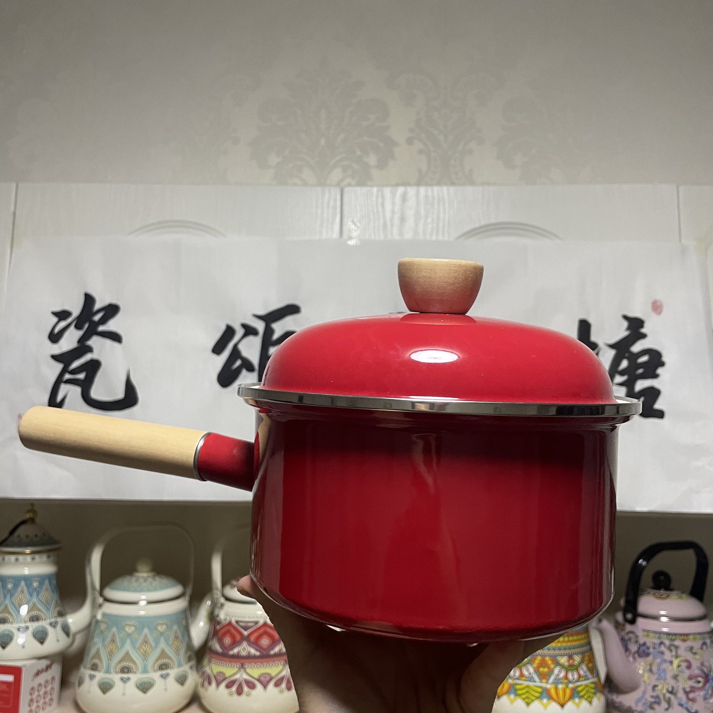 韩单辅食加厚搪瓷奶锅长柄小锅家用小奶锅榉木手柄隔热防烫