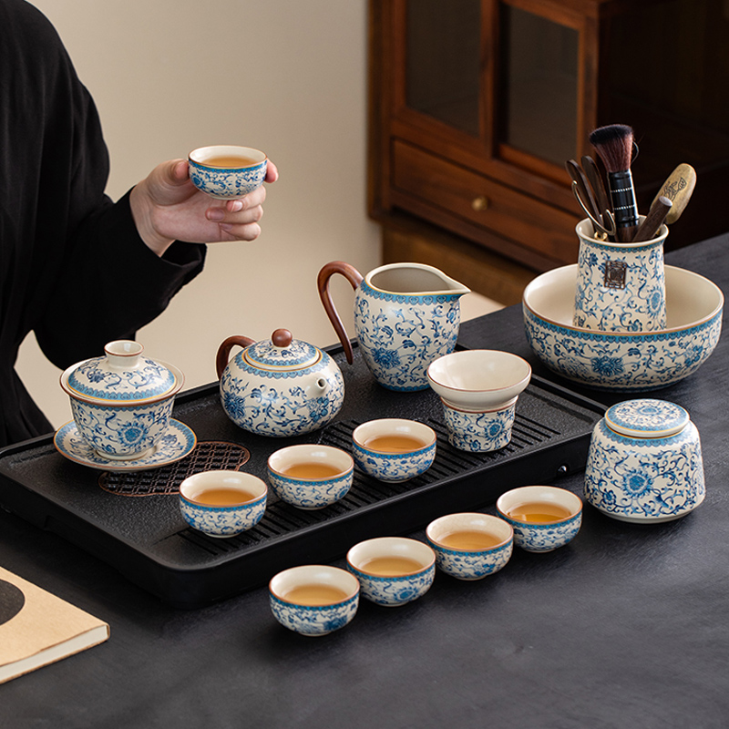 青花汝窑功夫茶具套装整套家用茶壶高档盖碗泡茶办公陶瓷茶杯茶盘