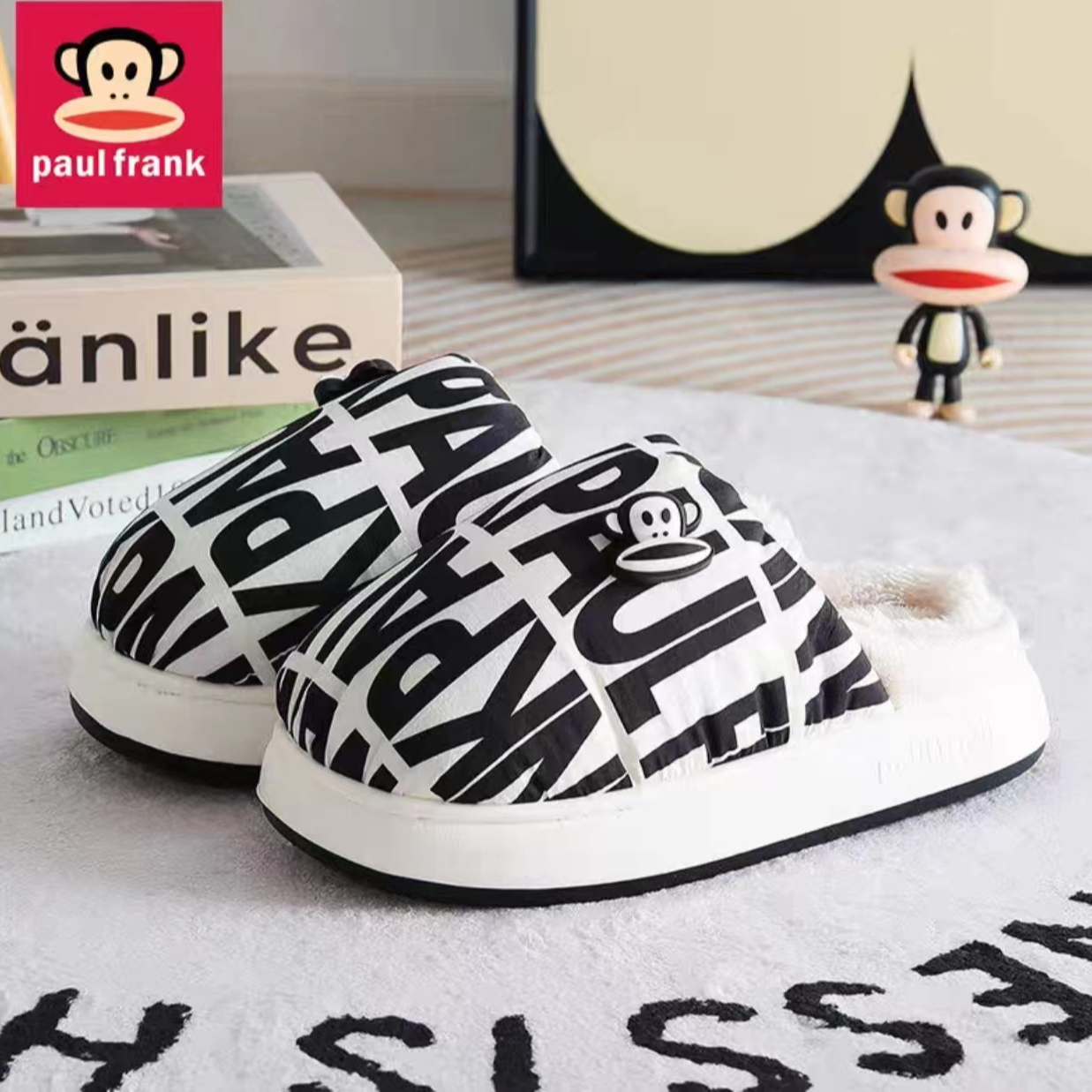 【P8】75839/65839大嘴猴优质面料抗寒保暖字母满印单标棉拖鞋 S