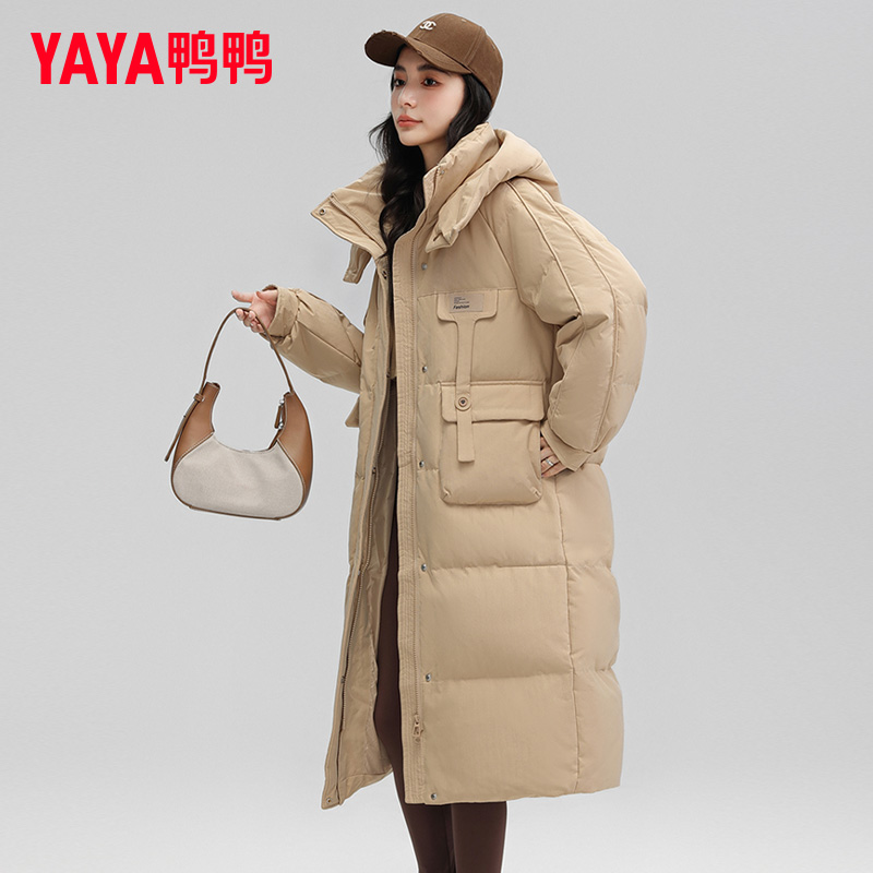 YAYA/鸭鸭2023年新款羽绒服女款长款连帽长袖厚款保暖户外宽松