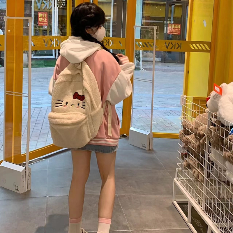 日系卡通甜美可爱毛绒KT猫双肩包包女2023新款大容量学生上课书包