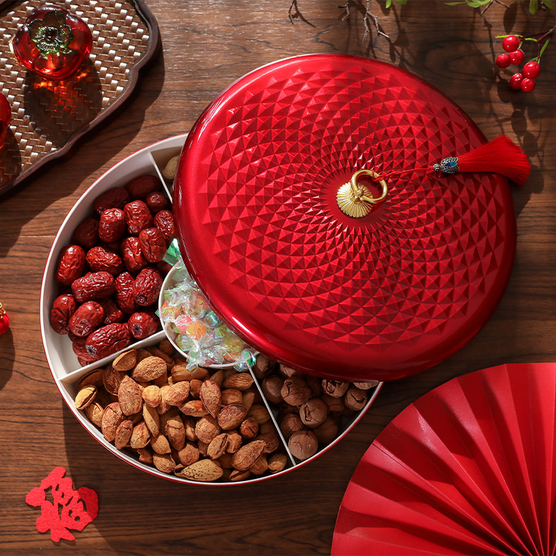 国潮创意中国红果盘喜庆糖果盒分格带盖果盘干果收纳盒青花瓷果盘