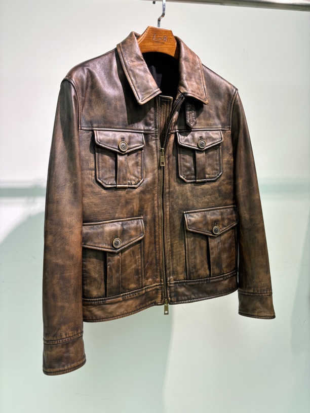 新款美式复古旧话真皮皮衣男短款翻领猎装夹克外套