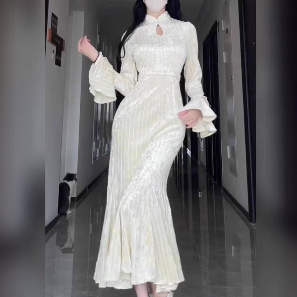 （里P）公主家7802中式改良旗袍连衣裙高级气质感收腰显瘦鱼尾长裙