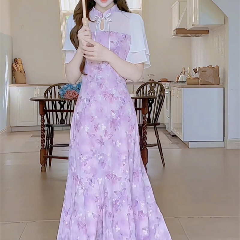 公主家6608新中式女装连衣裙复古盘扣蝴蝶印花连衣裙修身长裙359