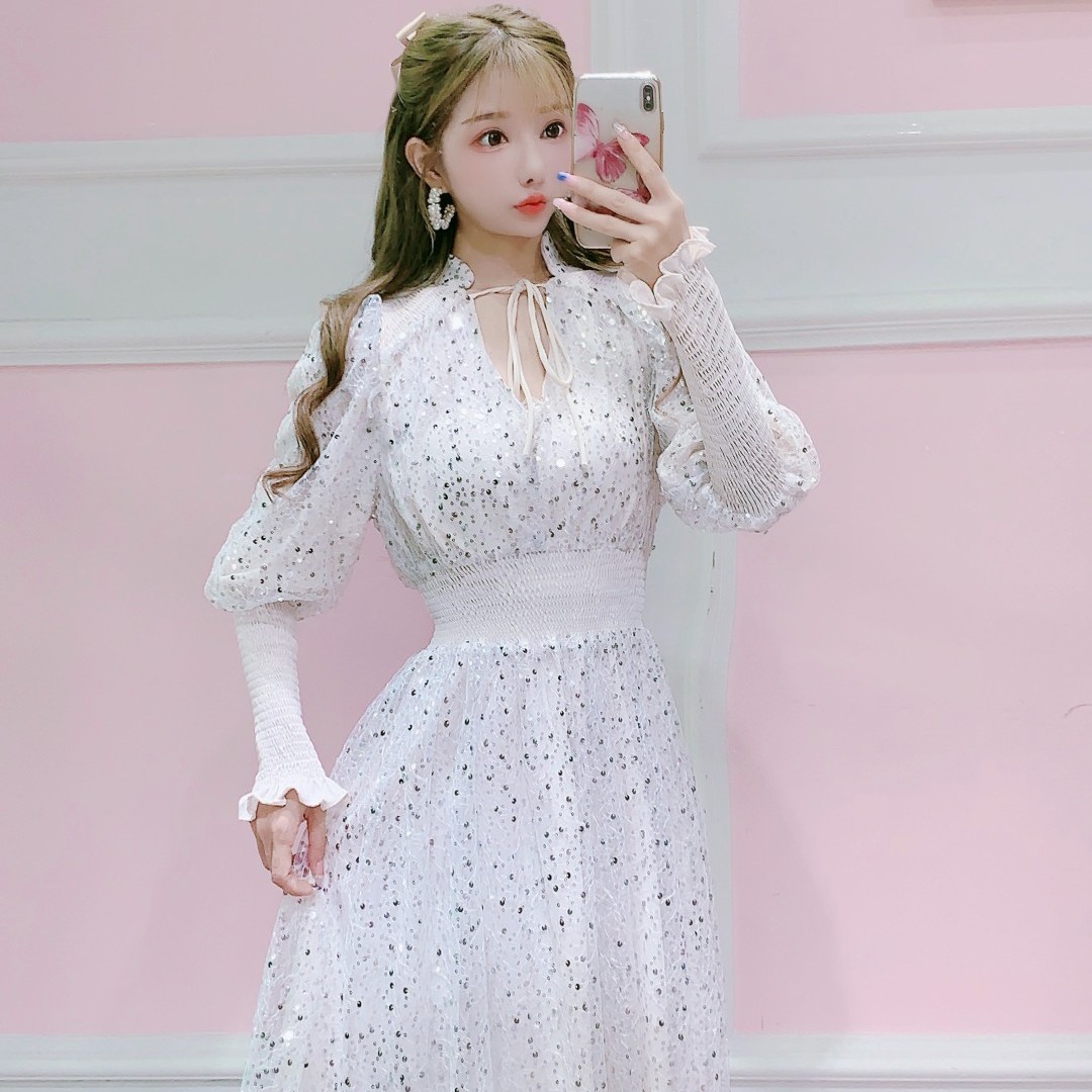 （有货）公主家961新款甜美V领系带连衣裙晚礼裙长袖女装连衣裙
