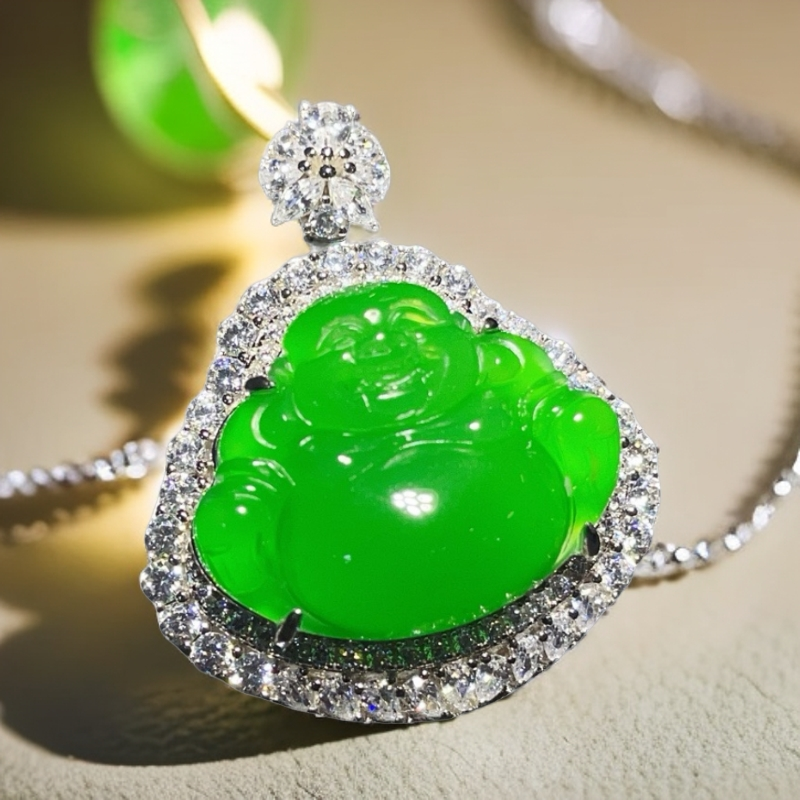 吊坠925银 满绿大佛公镶嵌雕刻气质女款轻奢漂亮女士礼物银坠吊坠