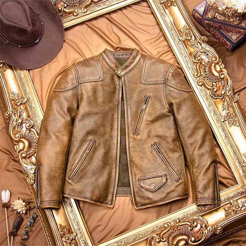 新款黄棕复古做旧毒液立领机车服重水洗石磨做旧头层牛皮真皮皮衣