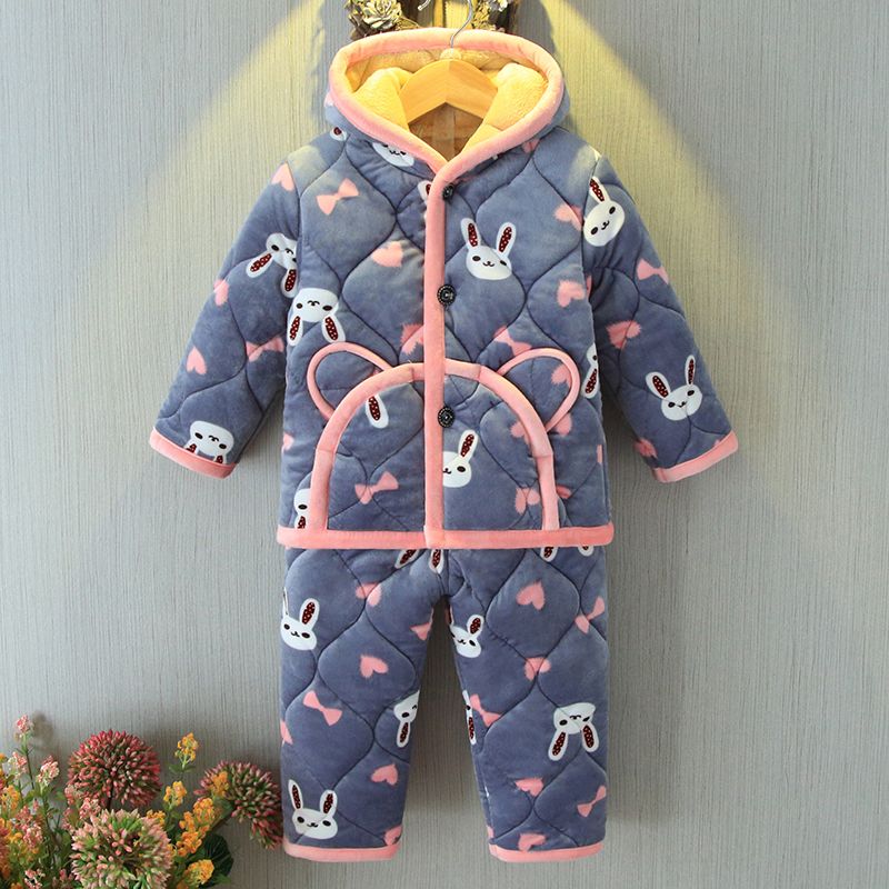 加厚法兰绒男女童三层夹棉水晶绒小孩宝宝套装家居服儿童睡衣冬季