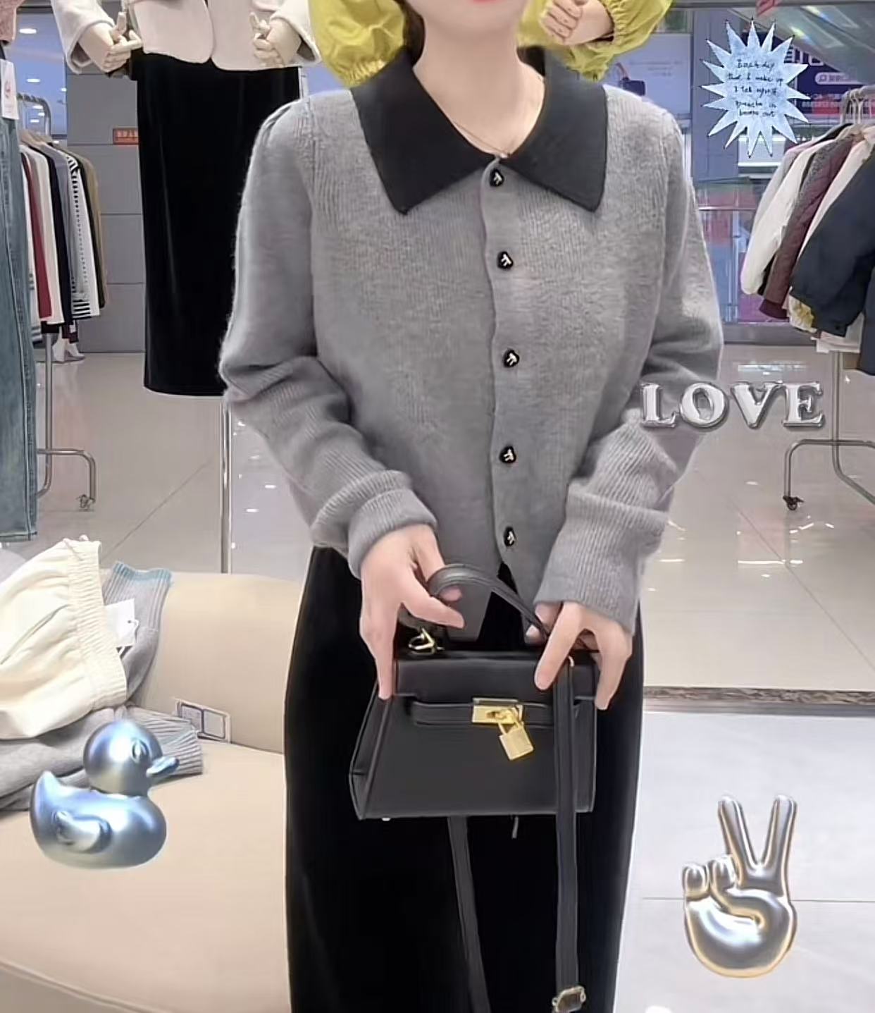 98120韩版翻领小香风时尚针织衫（衣长52CM左右)