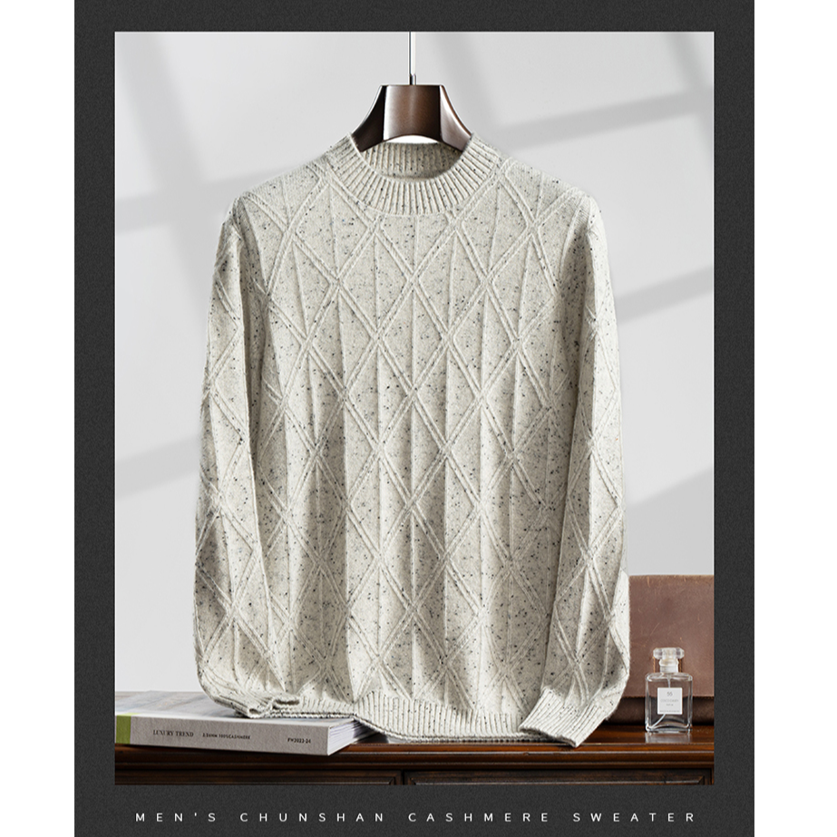 100%男士纯山羊绒秋冬新款点子纱提花半高领休闲时尚宽松圆领毛衣