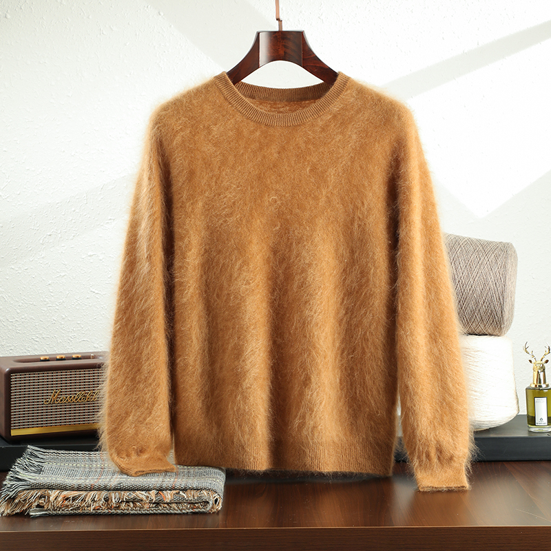 男士拉绒】100%纯山羊绒长袖圆领宽松加厚百搭半高领套头冬季毛衣