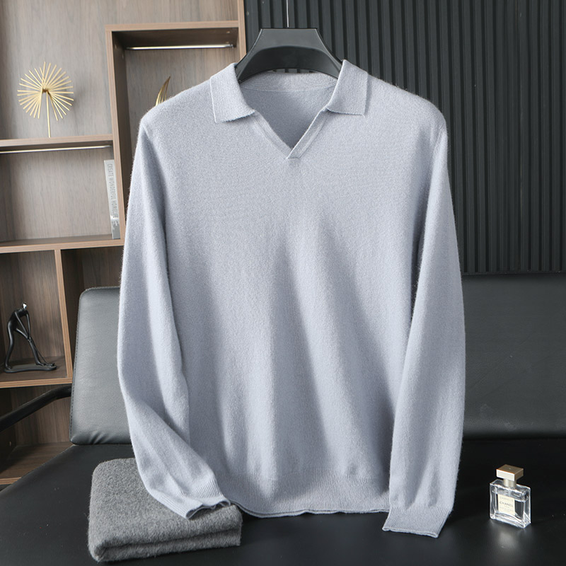 新品100%男士山羊绒秋冬海鸥领长袖POLO时尚休闲百搭宽松保暖毛衣