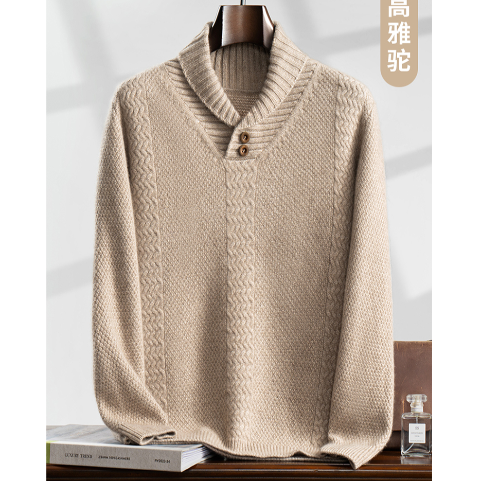 新品100%男士山羊绒秋冬新款五针重磅加厚青果领休闲时尚针织毛衣