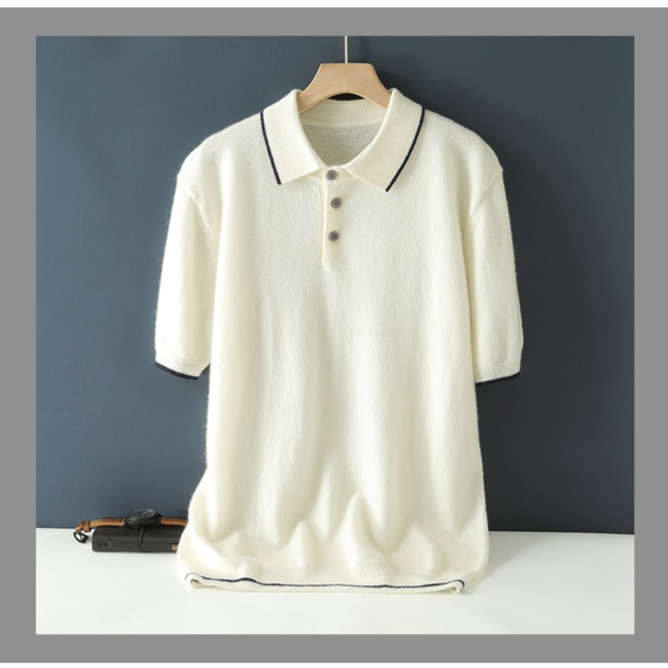 新品100%纯山羊绒衫领边撞色POLO半袖时尚百搭气质短袖简约宽松衫