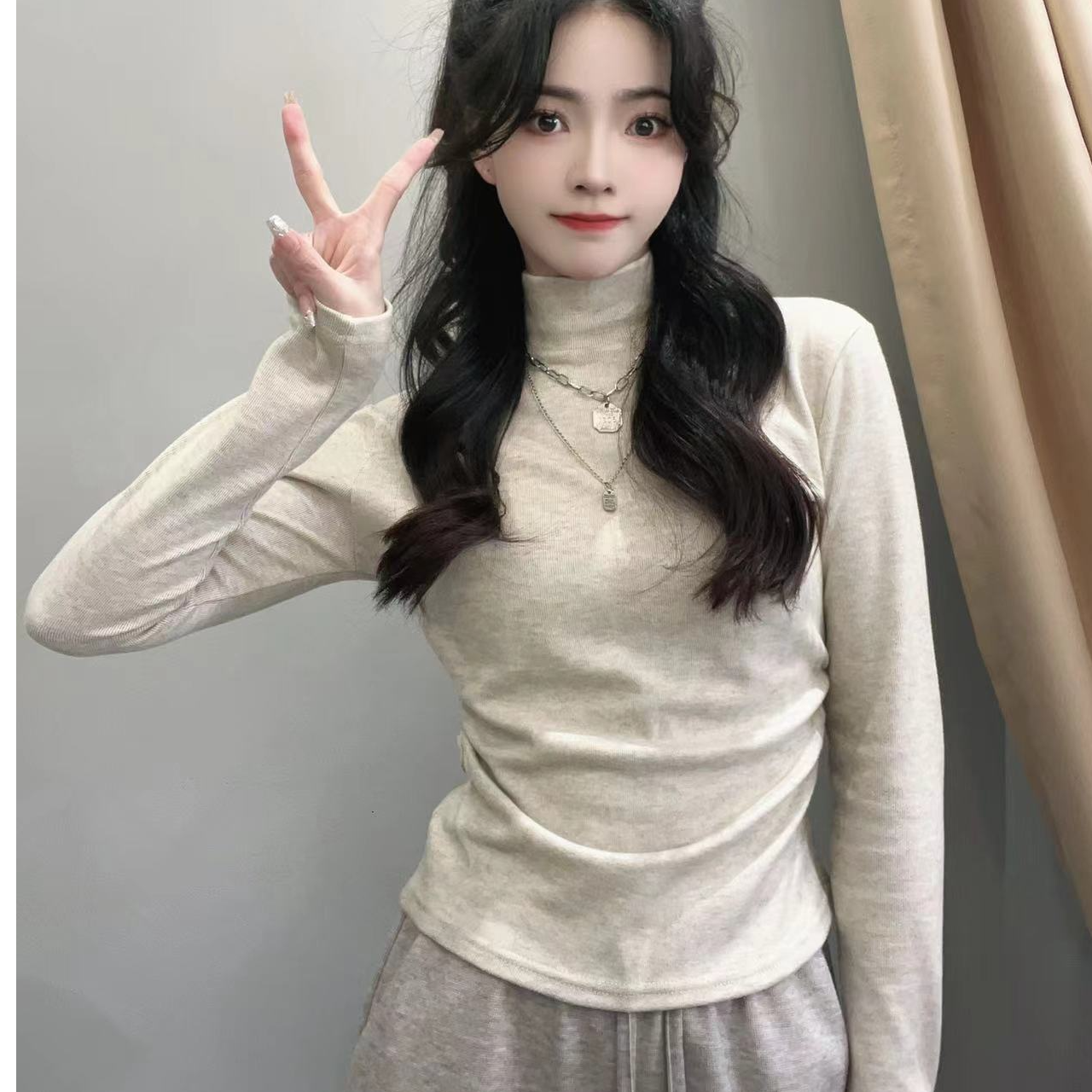 春季加绒加厚半高领百搭打底衫女内搭修身显瘦短款保暖T恤上衣#86