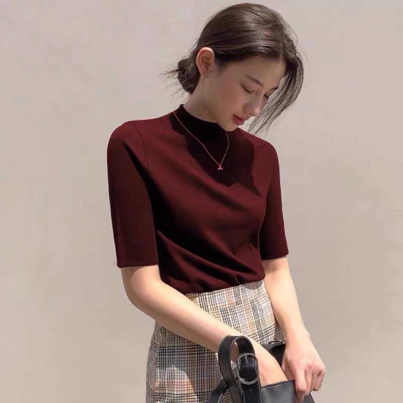 春秋新款时尚百搭中袖T恤女新款洋气减龄上衣轻薄透气纯色打底衫