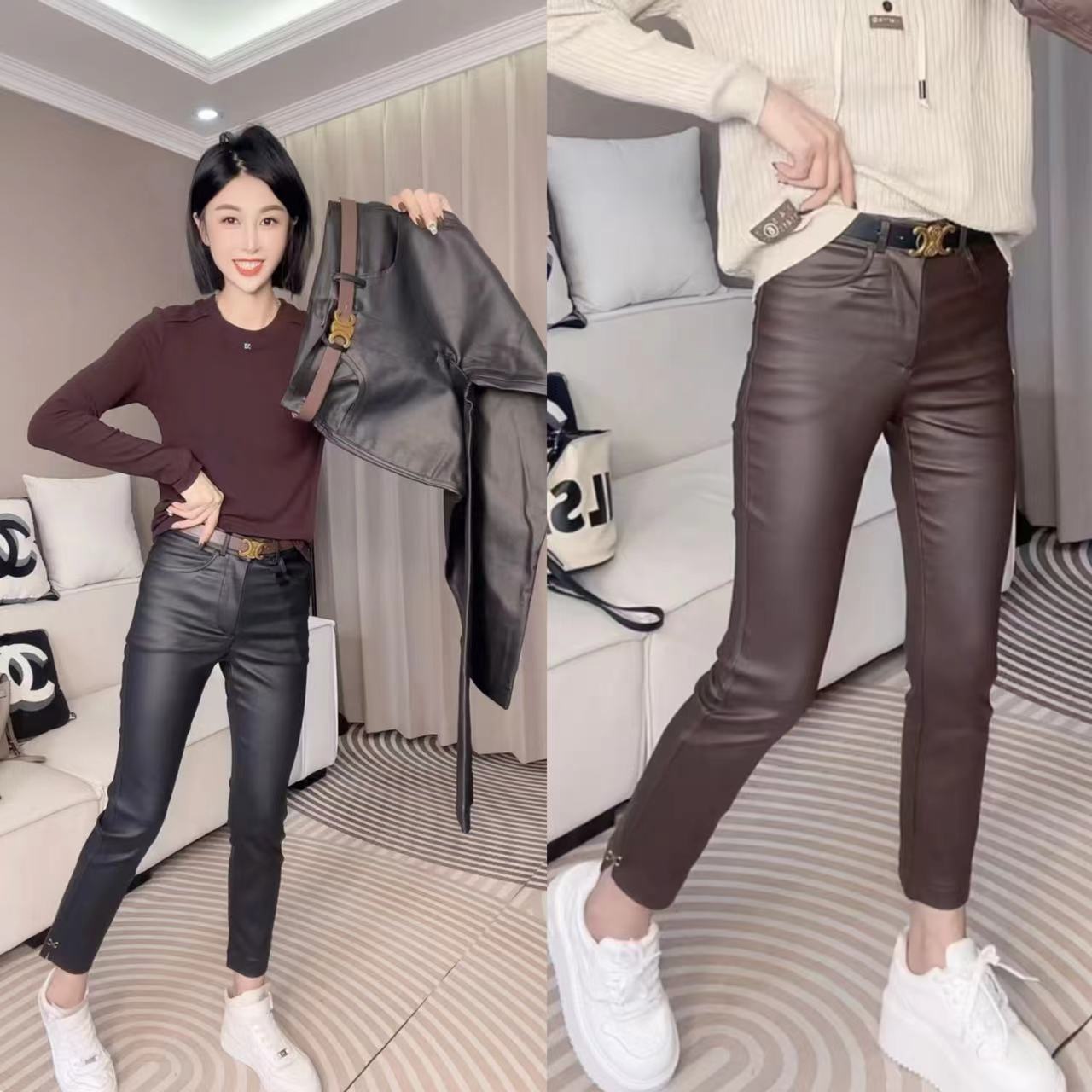 欧货腰带扣铅笔裤女秋冬涂层烟管裤显瘦九分修身铅笔小脚休闲皮裤