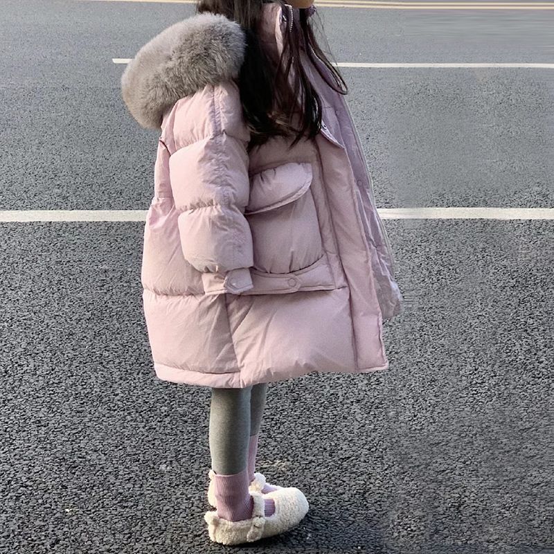 女童洋气大毛领连帽棉服儿童中长款棉衣2023新款加厚宽松保暖外套