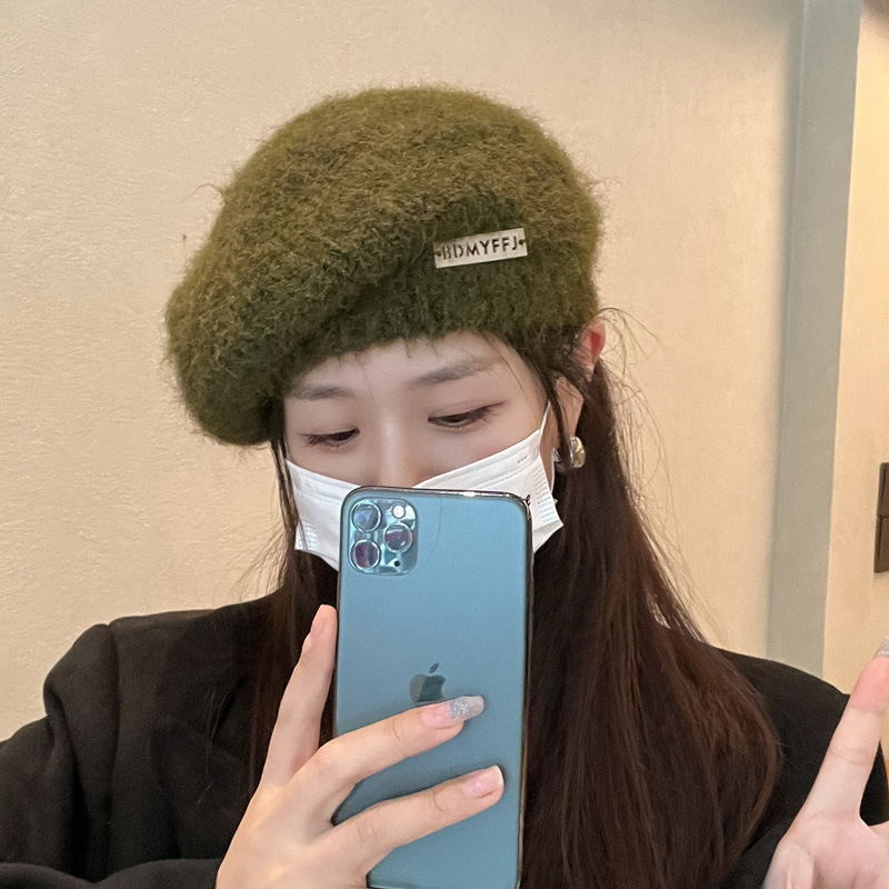 软糯风马海毛针织贝雷帽女秋冬季日系时尚字母贴布画家帽百搭出游