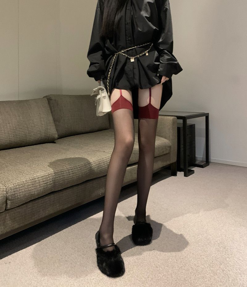 黑丝袜性感蕾丝一体吊袜带女辣妹长筒半截过膝袜红边吊带袜时尚