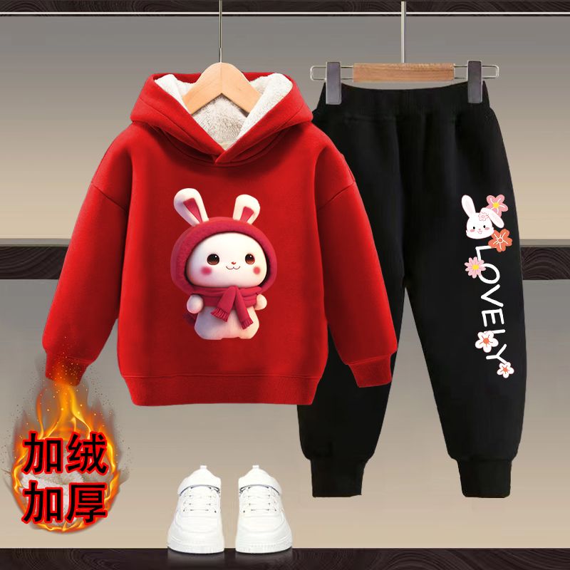 女童加绒套装秋冬款洋气时髦中小儿童宝宝加厚连帽卫衣运动两件套