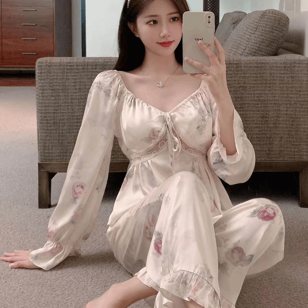 【纯欲风情】春夏季法式复古花边性感V领碎花睡衣女家居服套装