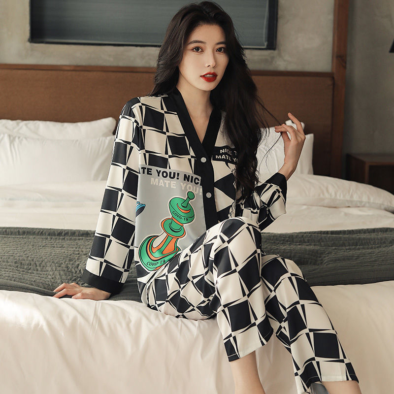 睡衣女新款长袖网红流行棋盘格高级感御姐家居服套装女可外穿休闲
