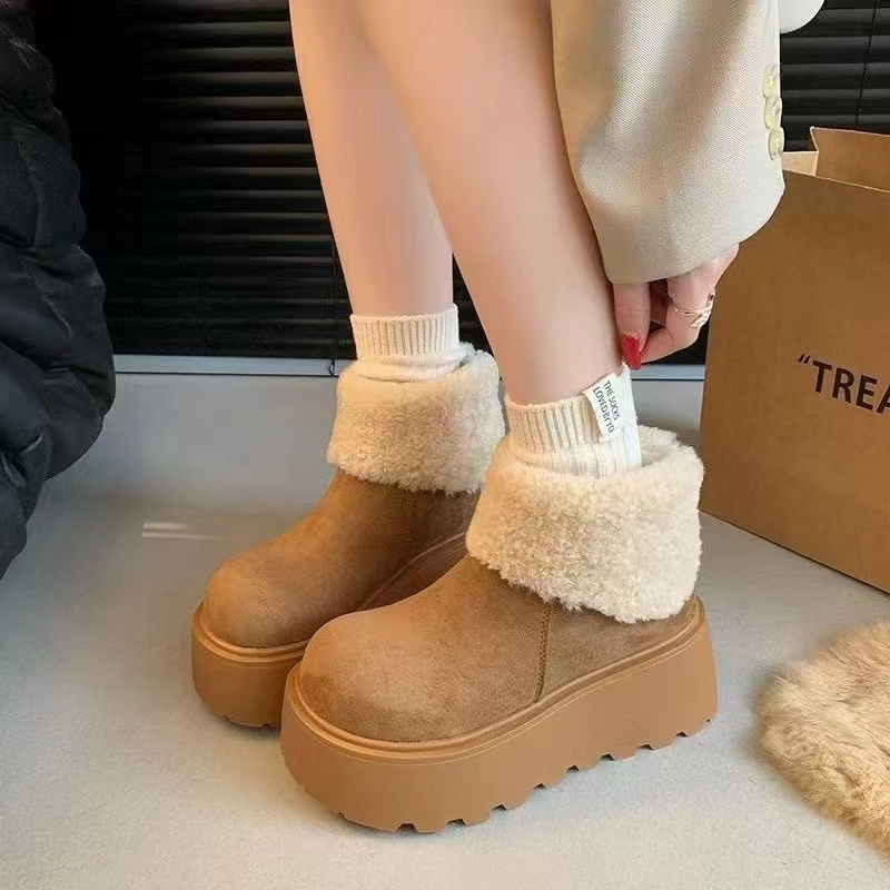 时尚翻毛增高雪地靴子女2024年秋冬新款加绒加厚底芒果头勃肯棉鞋