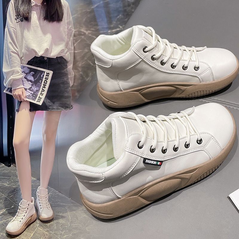 红蜻蜓牌松糕厚底2023春秋季新款皮面韩版潮流复古高帮鞋女百搭运