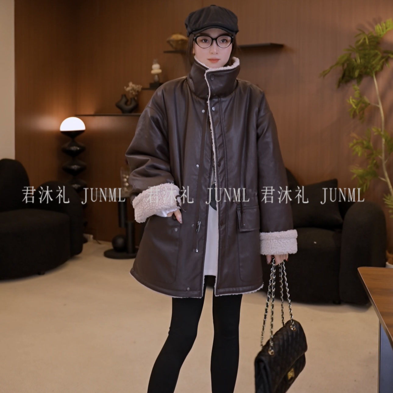 《君沐礼》2024新款潮品收腰羊羔毛外套