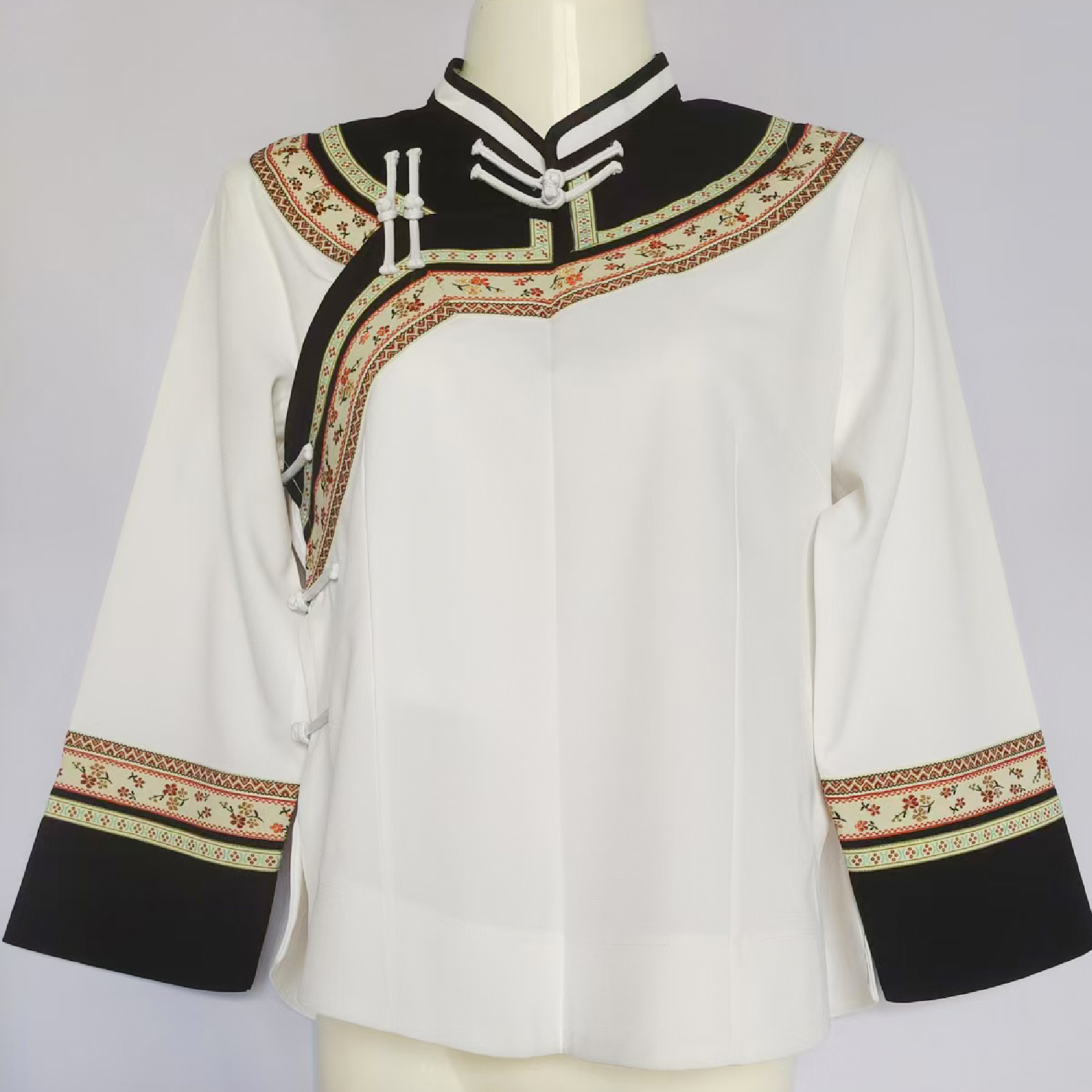 乳白黑领雪纺布民族服装上衣民族风女士长袖