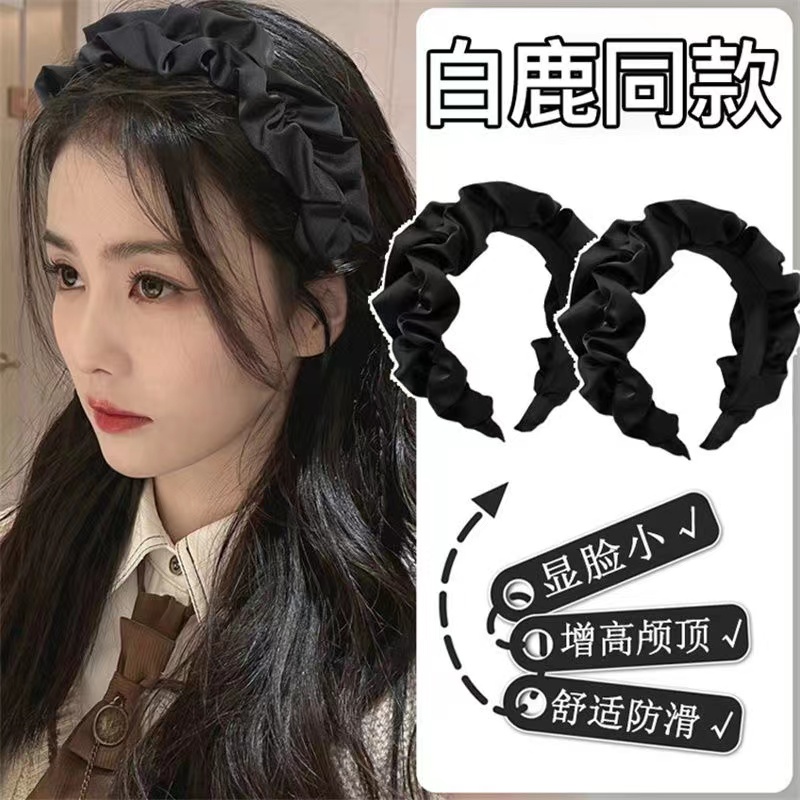 气质黑色褶皱宽边发箍女时尚超仙头箍发卡外出百搭简约头饰纯色