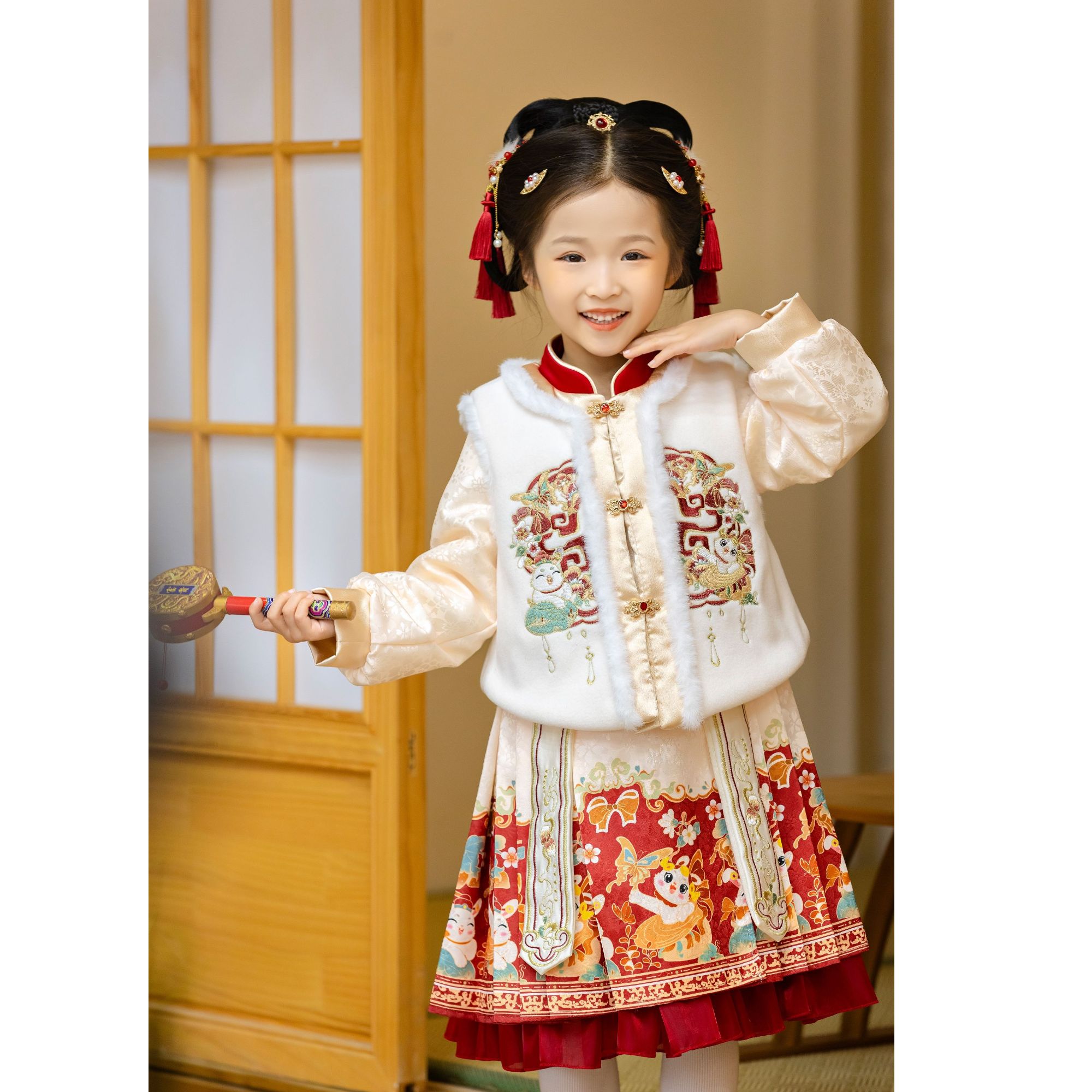 中国风民族风女汉服红色冬款冬季冬装女童公主民族拜年服